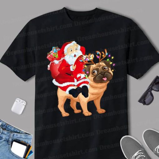 Christmas Santa Claus Riding Pug Xmas Boys Girls Pugmas Dog Premium Shirt