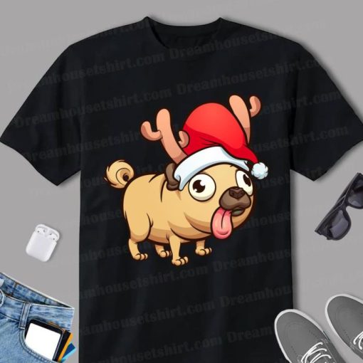 Cute Santas Hat Pug Reindeer Pugmas Dog Pugs Christmas Gift Shirt