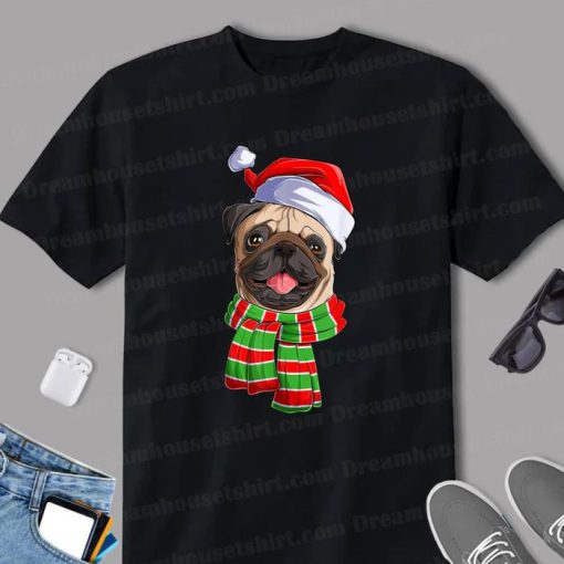 Funny Christmas Xmas Pug Mops Pugmas Dog Santa Hat Scarf Shirt