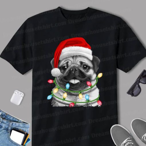 Pug Santa Christmas Tree Lights Xmas Boys Pugmas Dog Dogmas Shirt
