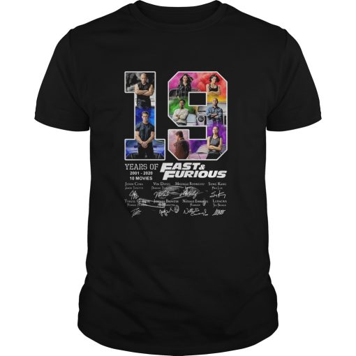 19 years of 2001 2020 10 movies fast and furious car signatures shirt