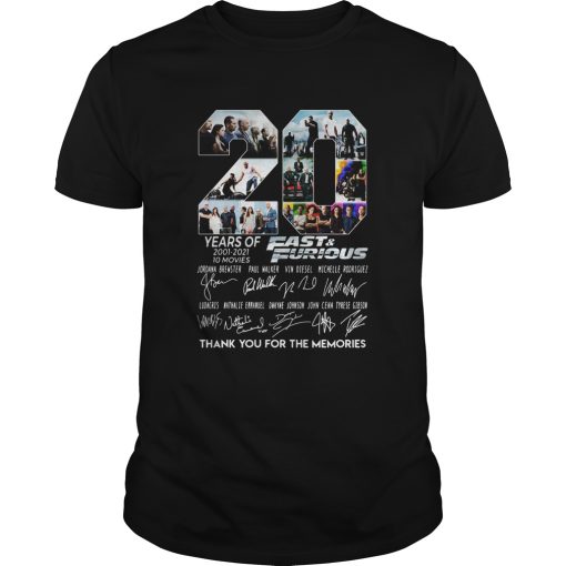 20 Years Of 2001 2021 Fast And Furious Thank You For The Memories shirt