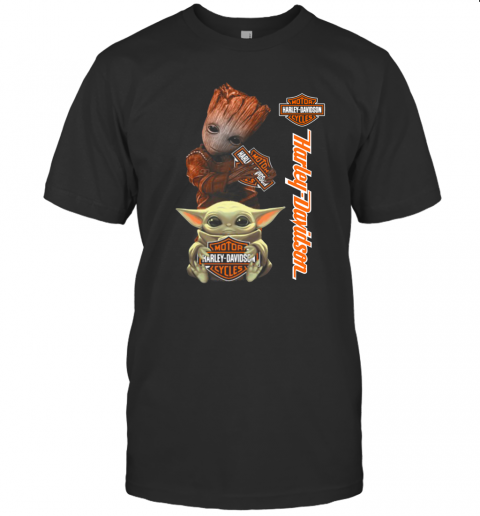 Baby Groot And Baby Yoda Hug Harley Davidson T-Shirt