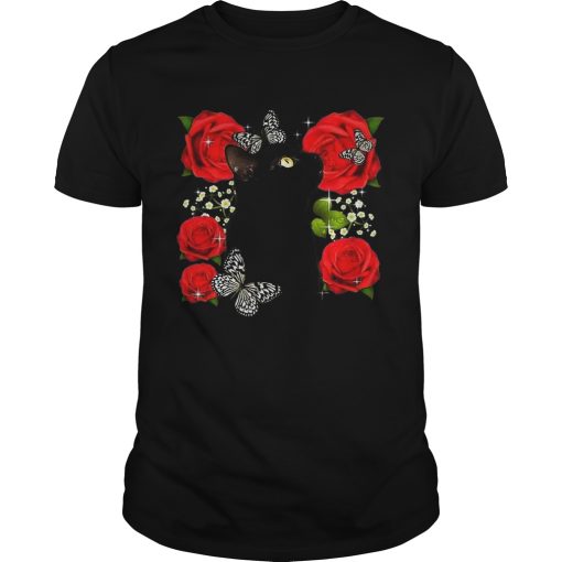 Black Cat Rose Flowers Butterfly shirt