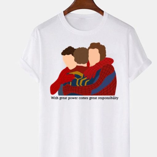 Three Spidermen Hugging Great Powers Comes Great Responsibility Quote Shirt