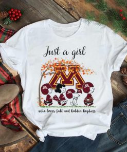 Just A Girl Who Loves Fall and Golden Gophers Peanuts Cartoon Halloween T shirt