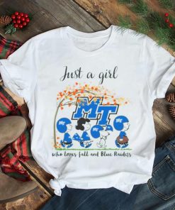 Just A Girl Who Loves Fall and Middle Tennessee Blue Raiders Peanuts Cartoon Halloween T shirt