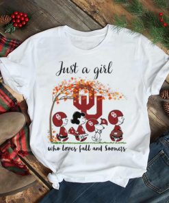 Just A Girl Who Loves Fall and Oklahoma Sooners Peanuts Cartoon Halloween T shirt