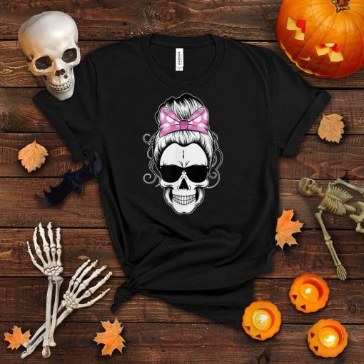 Messy Bun Skull Shirts for Women Cute Polkadot Bow Halloween T Shirt