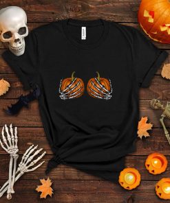 Pumpkin Boobs Skeleton Hands Bra Halloween Party costume T Shirt