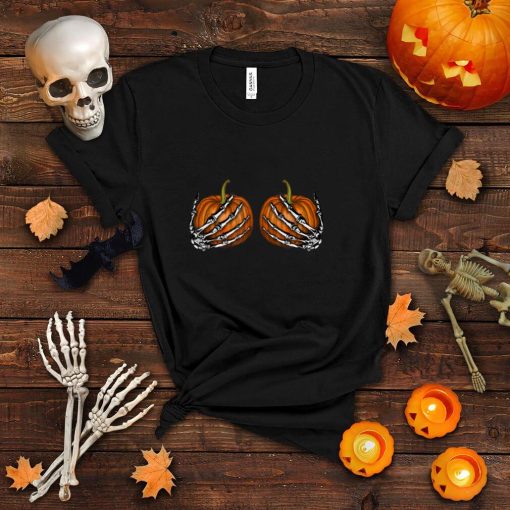 Pumpkin Boobs Skeleton Hands Bra Halloween Party costume T Shirt