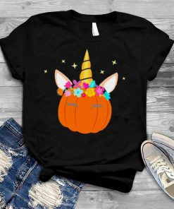 Unicorn Pumpkin Halloween Thanksgiving With Flowers Shirt