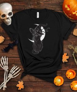 Vintage Scary Halloween Black Cat Costume Witch Hat Moon T Shirt