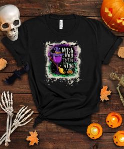 Womens Witch Way To The Wine Funny Wine Lover Halloween Bleached T Shirt