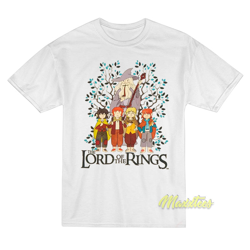 The Lord of The Rings Gandalf and Hobbits T-Shirt The Lord of The Rings Gandalf and Hobbits T-Shirt