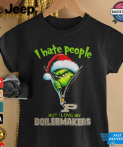 Grinch Santa Hat I Hate People But I Love My Purdue Boilermakers Christmas Logo Shirt 3