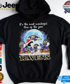 It’s The Most Wonderful Time Of The Years Peanuts Characters X Baltimore Ravens Merry Christmas Shirt