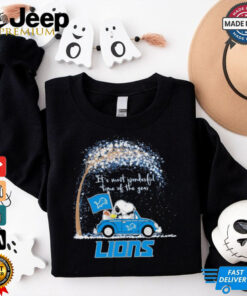 Official Detroit Lions Snoopy And Woodstock Driving Car It’s Most Wonderful Time Of The Year Shirt
