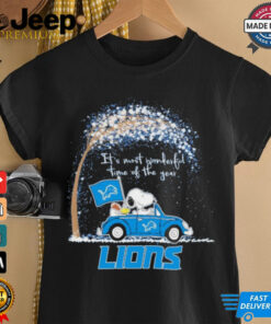 Official Detroit Lions Snoopy And Woodstock Driving Car It's Most Wonderful Time Of The Year Shirt 3