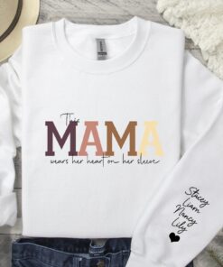 Custom This Mama Wears Her Heart On Her Sleeve Sweatshirt And Hoodie Personalized Mom Sweatshirt With Kids Names Unique
