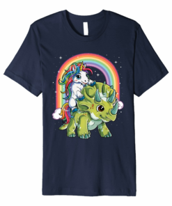 Unicorn Riding Dinosaur T Shirt Triceratops Party Rainbow
